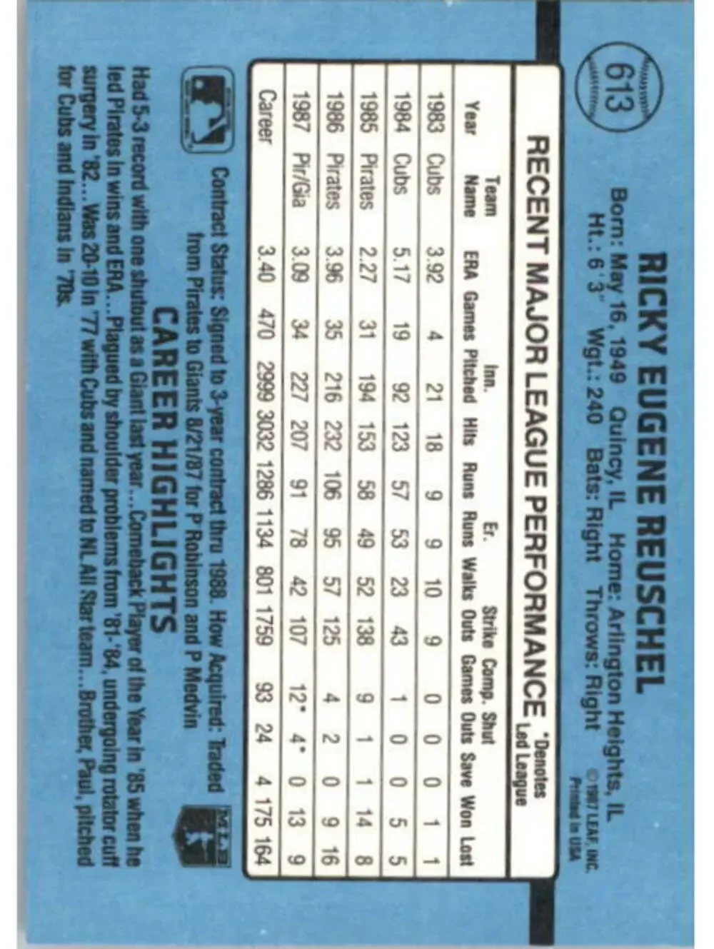 1988 Rick Reuschel Donruss Baseball Card #613
